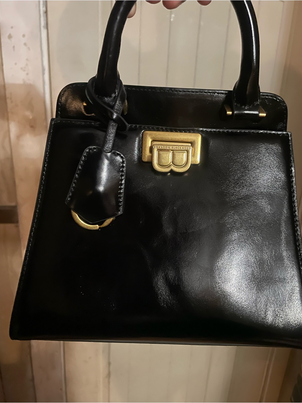 Brandon Blackwood - Black Leather Top-Handle Bag with Gold Hardware